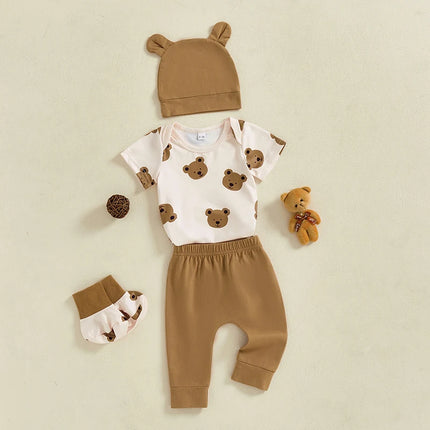 Baby Boy Summer Outfits Bear Print Short Sleeve Round Neck Romper with Pants and Hat Shoes Set