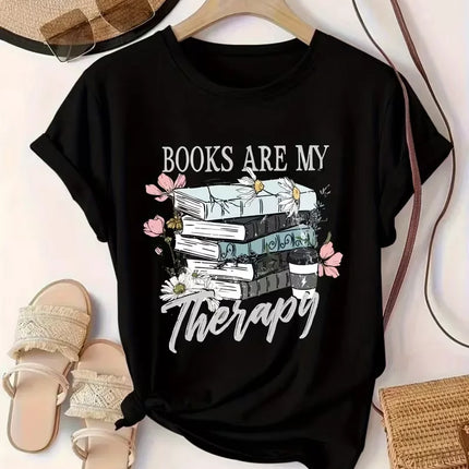 Women's Black Short Sleeve T-Shirt "I Like Books More Than I Like People"Front Print with Floral Book Design Top for Book Lovers