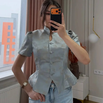 Solid Color Jacquard Glossy Satin Tops Women Chic Stand Collar Single Breasted Slim Fit Split Hem T-shirts Lady Daily Wear New