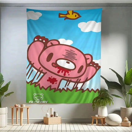 VIKAMA Cute Pink Bear Cartoon Tapestry, Wall Hanging For Living Room, Bedroom, Gaming Room, Dorm And Birthday Party Home Decor