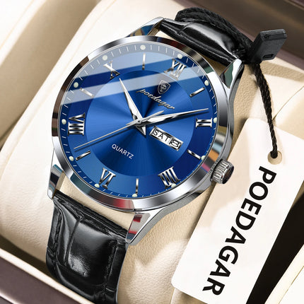POEDAGAR Classic Luxury Men's Wristwatch Date Week Leather Business Man Watch Waterproof Luminous Fashion Quartz Watches For Men