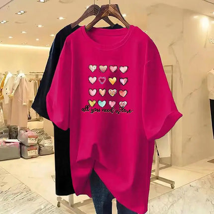 Summer Fashion Hand-Painted Love Printing Basic T-shirt Women Cotton Casual Loose O-neck Short Sleeve Top Tee 40-105Kg Pullovers