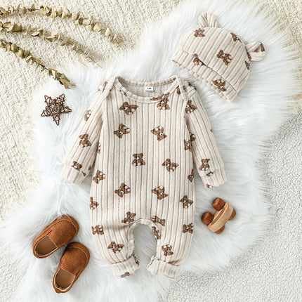 Newborn Fall Unisex Baby Girls Boys Rompers Infant Clothes Bear Print Crew Neck Long Sleeve Toddler  Jumpsuits with Hat 1-24M