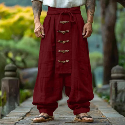 Ethnic Vestidos Casual Cotton And Linen Wide Leg Pants Men's Solid Color Comfortable And Trendy Pleated Pants Men's Streetwear
