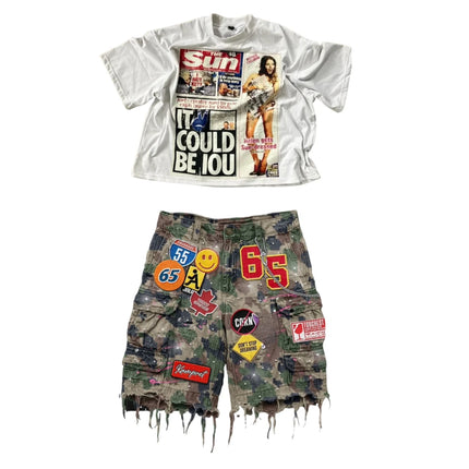 Retro Blue Patchwork Denim Short Y2k Jeans Men Women Hip Hop Streetwear Cartoon Graphics Loose Camo Denim Fitness Casual Shorts