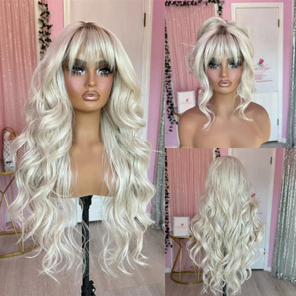 Loose Curly Ombre White Blonde With Short Roots Lace Top Wig With Bangs Synthetic And Blend Lace Premium Fibre Heat Resistant