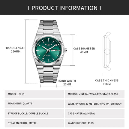 Men's Quartz Watch Luxury Waterproof Luminous Date Week Stainless Steel Men's Watch Male Wristwatches