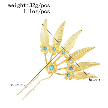 New Golden Alloy Leaf Crystal Flower Hairpin Hair Accessories for Women Thailand Ethnic Dance Party Decoration Headwear Jewelry