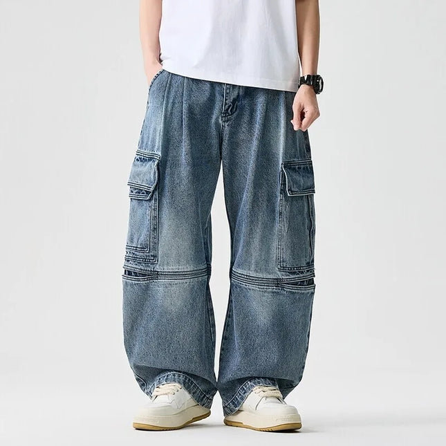 Men Denim Cargo Pants New Arrival 2026 Spring Safari Style Streetwear Vintage Big Pockets Loose Male Casual Wide Leg Jeans N063