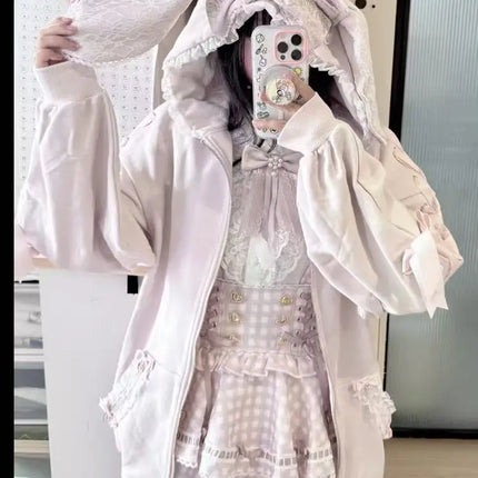 Literary All-match Preppy Style Premium Hoodies Sweet Rabbit Ear Lace Hoody Sweatshirt Japanese Loose Lace Up Bow Casual Jacket