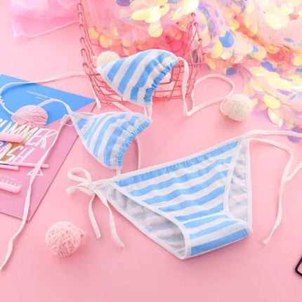 2PCS Women Bra Panties Set Sexy Lingeries Cotton Seamless Kawaii Bikini Lace-up Strap Blue White Striped Suit Female Underwear