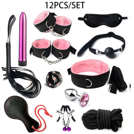 Erotic BDSM Kits for Couples - Sex Bondage Set with Handcuffs Gag Whip Nipple Clamps Anal Butt Plug Tail - Adult Toys for Women