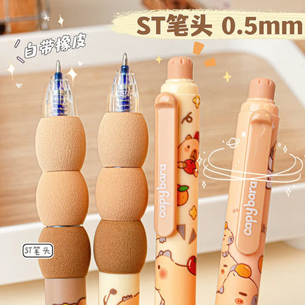 4Pcs/Box Kawaii Capybara Soft Sponge Pen Grip Side Press Erasable Pen Blue Ink Student Cartoon Neutral Pen School Stationery