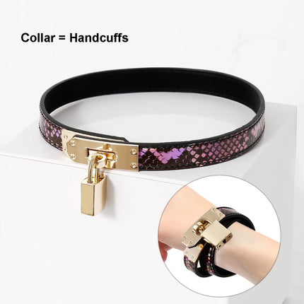 New 2 in 1 Sexy Snakeskin Leather Collars With Lock BDSM Bondage Fetishs Collar Adult Game Sex Accessories For Woman Jeux Sexuel