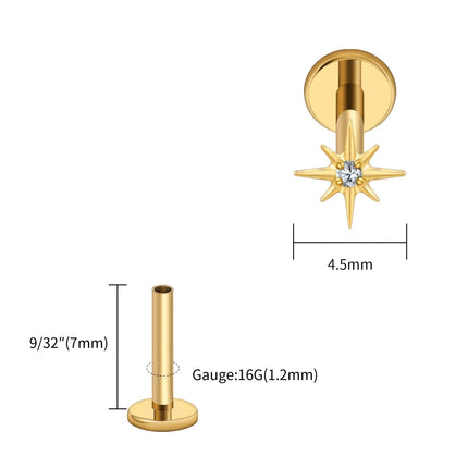 Right Grand ASTM F136 Titanium CZ North Star Flat Back Earring 16G Tiny Starburst Helix Cartilage Stud Earlobe Piercing Jewelry