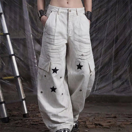 2026 Autumn High Street Fashion Y2K Baggy Straight Jeans For Men Star Graphic Printed Distressed Multi-Pocket Cargo Denim Pants