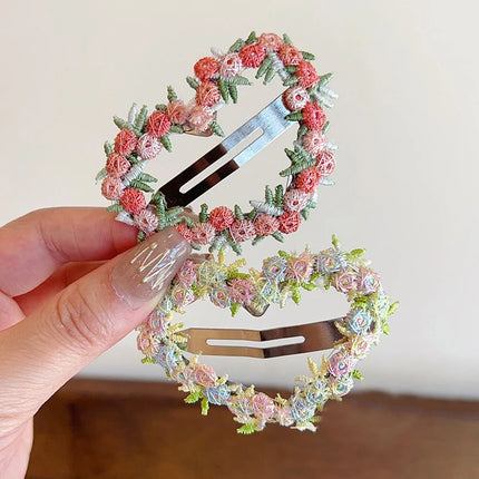 Sweet Flower Embroidery Hair Clips for Girl Love Heart Shaped Hairpins Princess Baby Barrettes Sided Clips Kids Hair Accessories