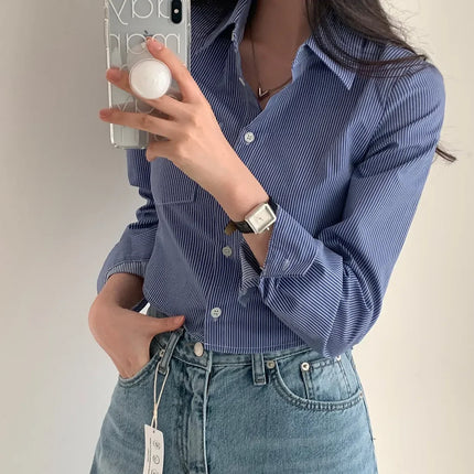 Spring High Waist Slim Fit Striped Shirt Women's Button up Polo Collar Cotton Polyester Blend Fashionable Korean Style