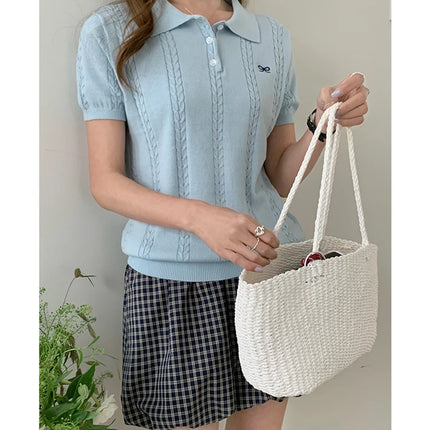 Summer 100% cotton women's T-shirt casual knit pullover short sleeved loose POLO collar Tees Pull luxury brand embroidery Tops