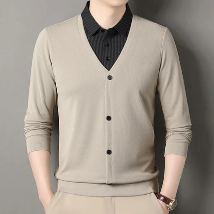 2026 New Men's Fake Two Piece Polo Shirt Casual Fashion Long Sleeve Collar T-shirt Versatile Top