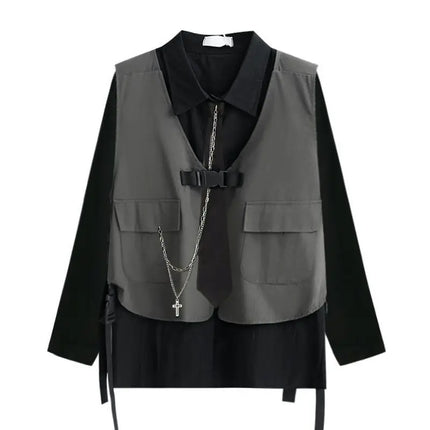 Men Women Gothic Shirt Suit Korean Loose Long-sleeved Blouse Functional Workwear Suit Vest Two-piece Set 2023 Spring Autumn Top