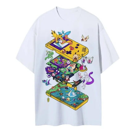 2026 Summer Pokemon Retro Game Console Cartoon Print T-Shirt, 100% Cotton Loose Couple & Family Tee for Travel Game & Sports