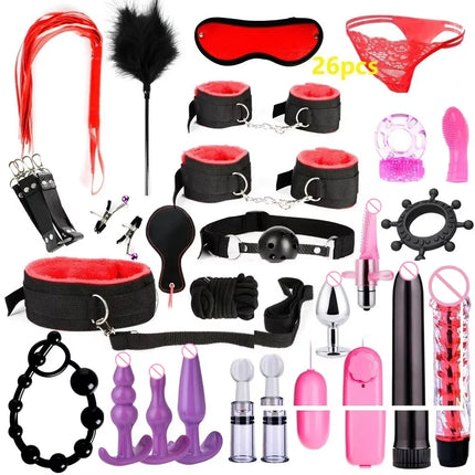 BDSM SexLove Set Kits Adults Sex Toys for Women Men Handcuffs Nipple Clamps Whip Spanking Sex Metal Anal Plug Vibrator Butt