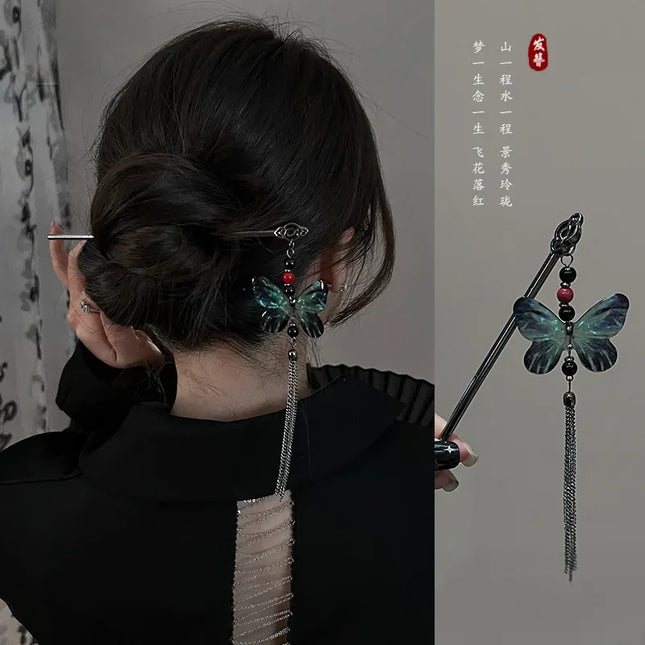 New Chinese Style Butterfly Flower Tassel Hair Stick for Women Vintage Metal Hanfu Chopstick Hair Sticks Ebony Hair Accessories