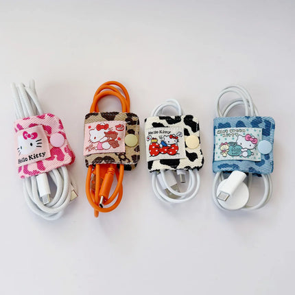 Sanrio Hello Kitty Leopard Print Denim Fabric Data Cable Storage Clip Charging Cable Storage Bag Brush Storage Gifts for Girl