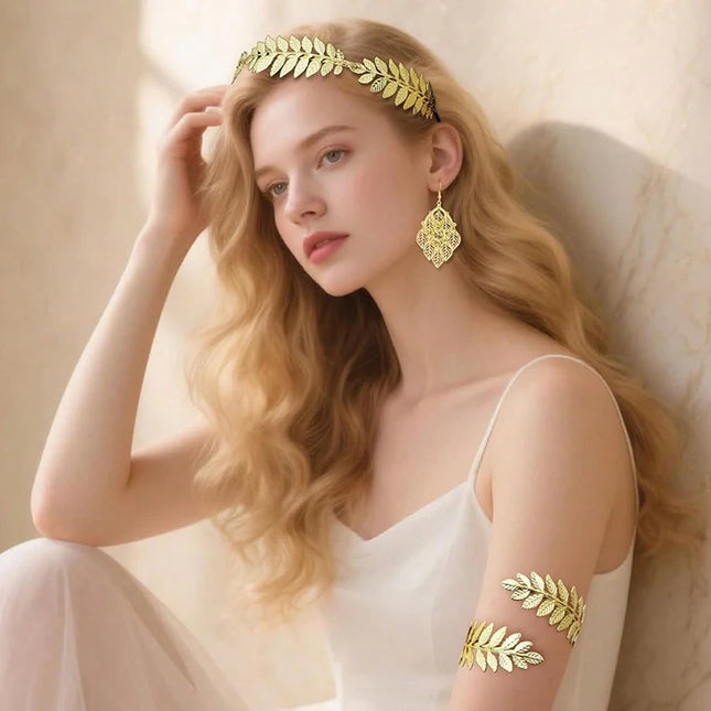 FTCY Vintage Greek Jewelry Set for Women Gold Color Bracelets Earrings Headwear Set Baroque Style Adjustable Women Jewelry Gifts
