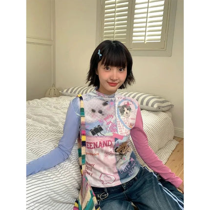 Y2k women clothing stitch Vintage Print Long Sleeve Tees Millennial  Dopamine T-shirt Fall Spice Girl Slimming Subculture Tops