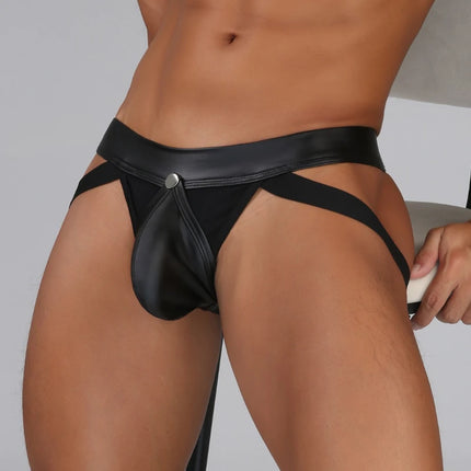 Men Faux Leather G-string Thongs Athletic Underwear Detachable Penis Pouch Panties Open Butt Underpants Sexy Erotic Men's Briefs
