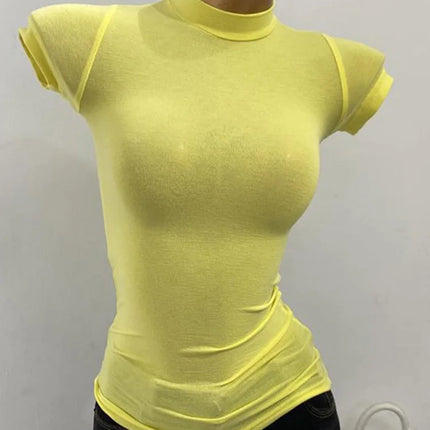 Korean Transparent Short-Sleeved Slim-Fit Elastic Solid Color Bottoming T-shirt with Half-High Collar - Sexy Big Chest T-shirt
