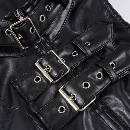 SUCHCUTE Retro Punk PU Leather Vest With Sleeve Cover Women Gothic Black Sleeveless Turtleneck Top Y2K Metal Decorative Clothing