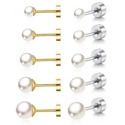 2pcs Simple Imitation Pearl Stud Earrings For Women Girls Stainless Steel Screw Back Pierced Studs Jewelry Gifts