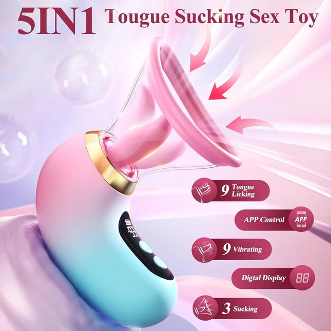5-in-1 App Control Clitoral Sucker Vibrator for Couples, Tongue Licking Nipple Vagina Massager, App Control Clit Stimulator, LCD Display