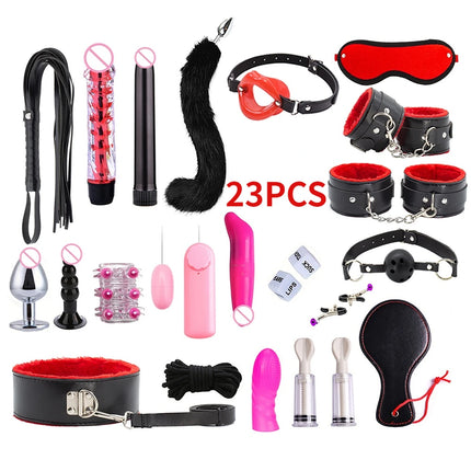 BDSM Kits Adults Sex Toys For Women Men Handcuffs Nipple Clamps Whip Spanking Sex Metal Anal Plug Vibrator Butt Bdsm Bondage Set