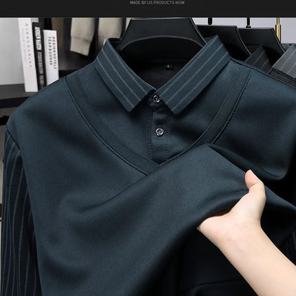 Men's Winter Thickened Fleece Lined Knitwear Polo Shirt Long Sleeve Loose Fit Solid Color Thermal Base Layer Two-Piece Look