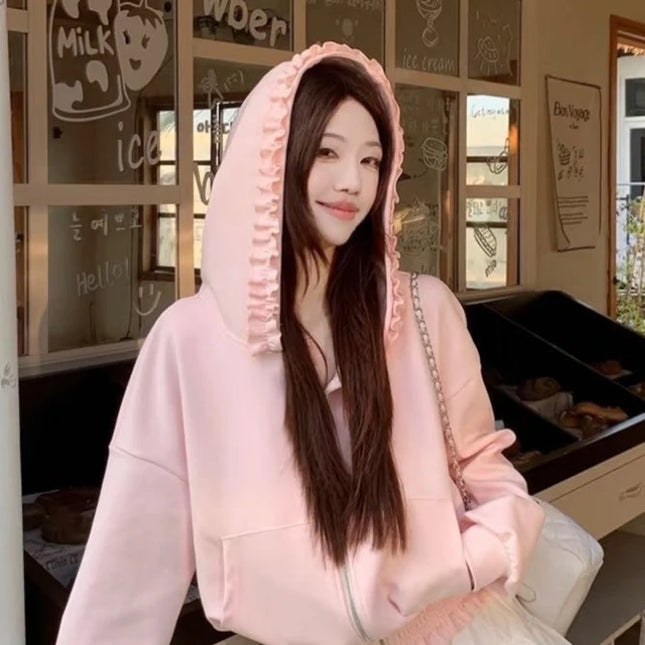 2026 Y2k Aesthetic Pink Ruffled Hoodies Women Casual Loose Harajuku Zipper Sweatshirt Spring Sweet Cute Grunge Hoody Jackets