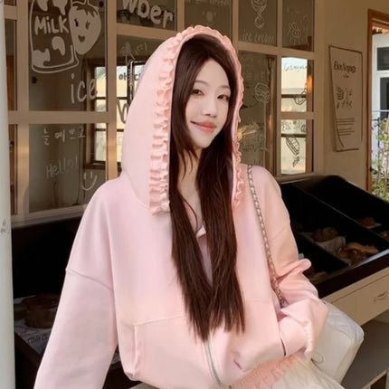 2026 Y2k Aesthetic Pink Ruffled Hoodies Women Casual Loose Harajuku Zipper Sweatshirt Spring Sweet Cute Grunge Hoody Jackets