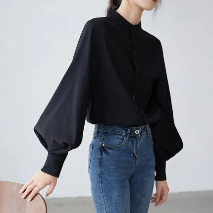 Spring Fashion Women Solid Stand Collar Casual Elegant Fashion Women's Top Clothing Blouse Shirt Lantern Long Sleeve Women's Shirts