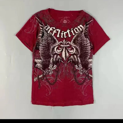 AFFICTION Red Goth Short Sleeves Men Women Vintage Cotton Couple Matching Hip Hop Streetwear Distressed Round Summer Grunge Tee