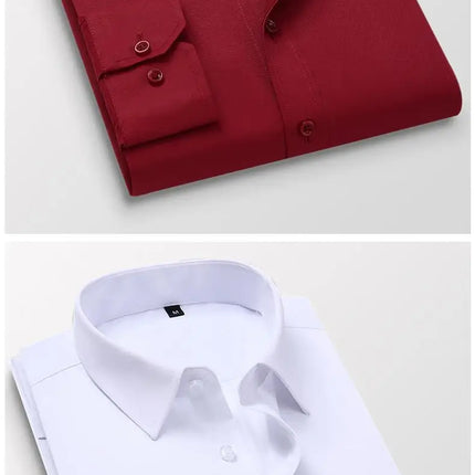 Men's Slim Fit Long Sleeve White Shirt Wedding Groomsmen Business Formal Korean Style Polyester Fiber Non-Iron Treatment