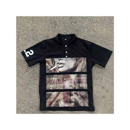 Y2K Short Sleeved Polo Shirt T-shirt Printed Top Dark Gothic Retro Summer Street Top