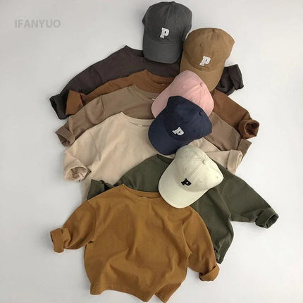 1-7Y Kids Cotton Shirt Solid Caramel Coffee Color Children's 2025 Autumn New Boys Girls Cotton Stylish Long Sleeved T-shirt