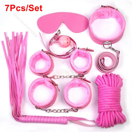 Beginner Friendly BDSM Bondage Set – 7 Pcs Cotton Rope Restraint Kit with Handcuffs Collar Gag Whip, Couples Adult Play Toy