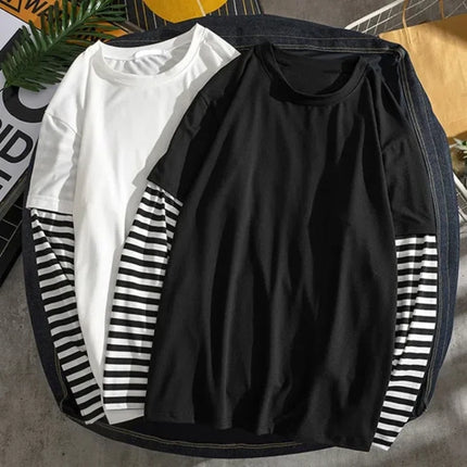 Nouveau Harajuku Noir Blanc Rayé Y2K Manches Longues Couleur Unie T-shirts Hommes Femmes Automne Faux Deux Pièces Manches Longues T-shirt Ample