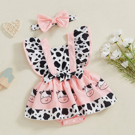 FOCUSNORM 0-18M Lovely Baby Girls Rompers Dress 4 Colors Bee/Ladybug/Cow/Elephant Print Fly Sleeve Jumpsuits with Headband