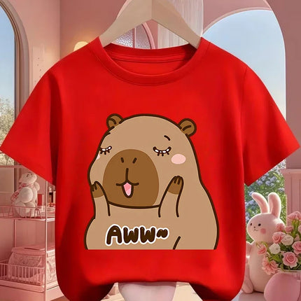 Cute Kawaii Capybara Crew Neck T Shirt Summer 3-14Y Boys Girls Fashion Street Hot Cartoon Casual Children