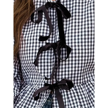 2025 Plus Size Black White Plaid Shirt: Bow Long Sleeve Blouse with Elegant & Breathable Fabric for Office Casual Chic Style